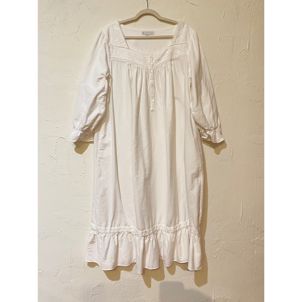 Eileen West Nightgown size XL White Cotton Flannel Embroidered Ruffle Sleepwear